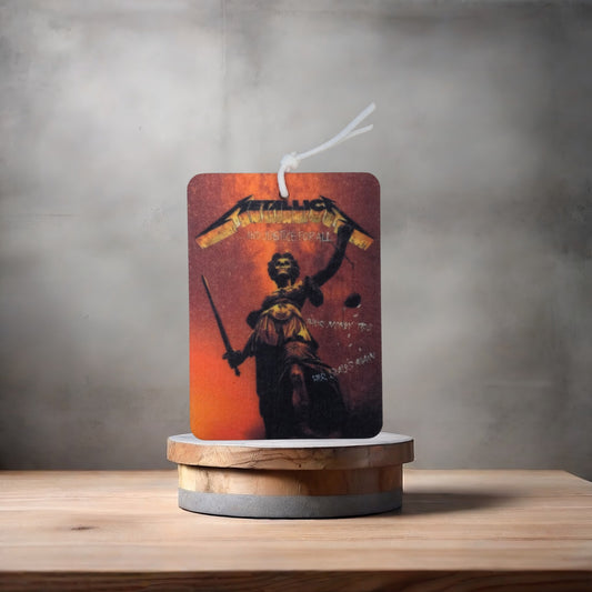 Metallica car air freshener. Many scents to choose from. And Justice For All, red