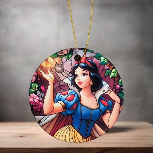 Snow White Christmas ornament , 3" round ceramic.