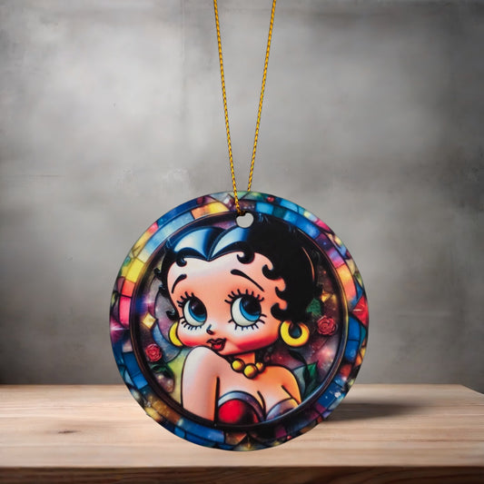 Betty Boop Christmas ornament , 3" round ceramic. V2