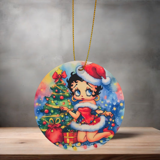 Betty Boop Christmas ornament , 3" round ceramic. V3