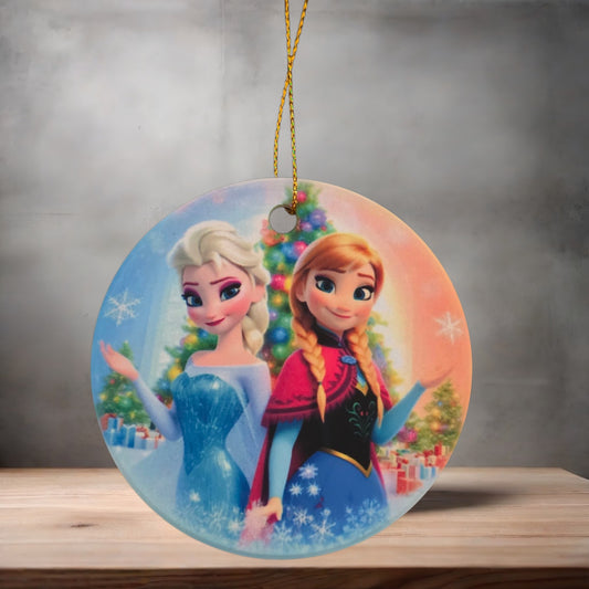 Frozen Elsa and Anna Christmas ornament , 3" round ceramic.