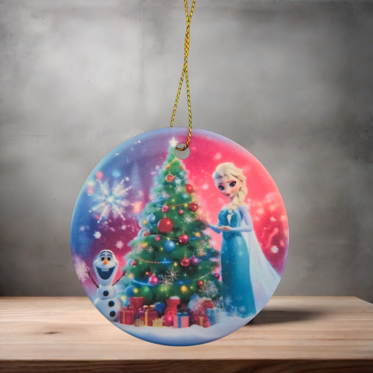 Frozen Elsa and Olaf Christmas ornament , 3" round ceramic.
