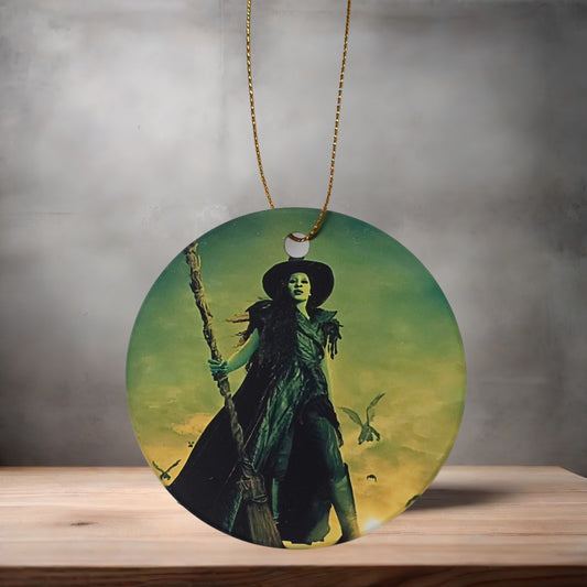 Wicked movie Christmas ornament , 3" round ceramic.