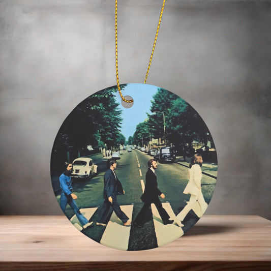 The Beatles Abbey Road Christmas ornament , 3" round ceramic.