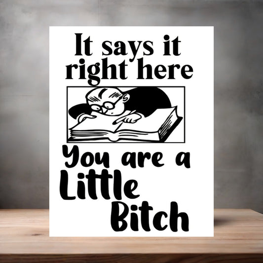 It says right here you are a Little Bitch poster on aluminum print. Multiple sizes available.