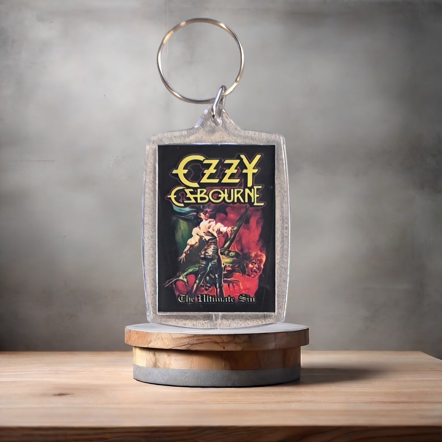 Ozzy Osbourne Ultimate Sin poster keychain on 2 aluminum prints.