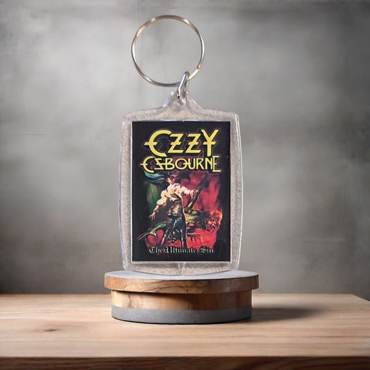 Ozzy Osbourne Ultimate Sin poster keychain on 2 aluminum prints.