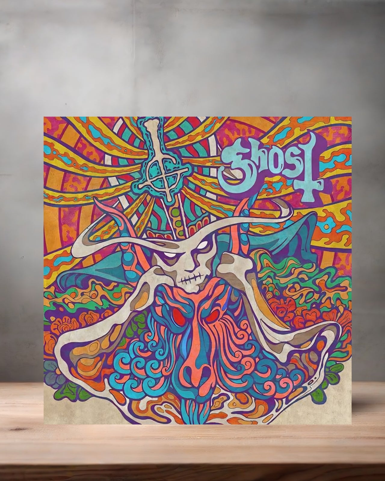 Ghost Album cover on 8" x 8" aluminum print.  Seven Inches of Satanic