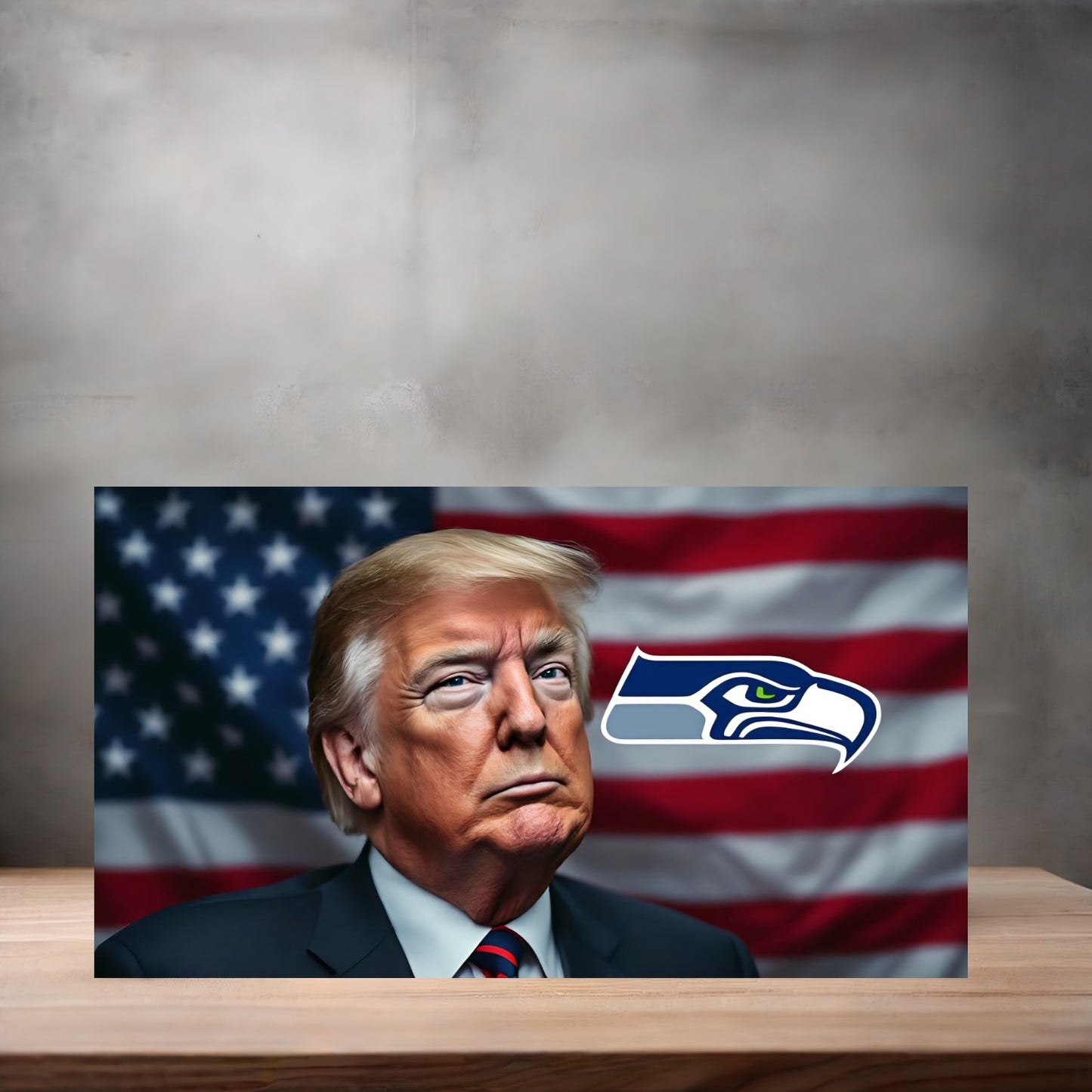 Donald Trump American Flag license plate. Seattle Seahawks