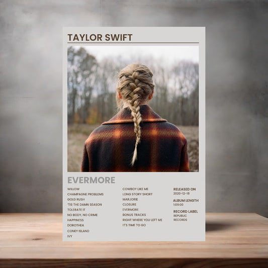 Taylor Swift aluminum poster. Multiple sizes available. Evermore