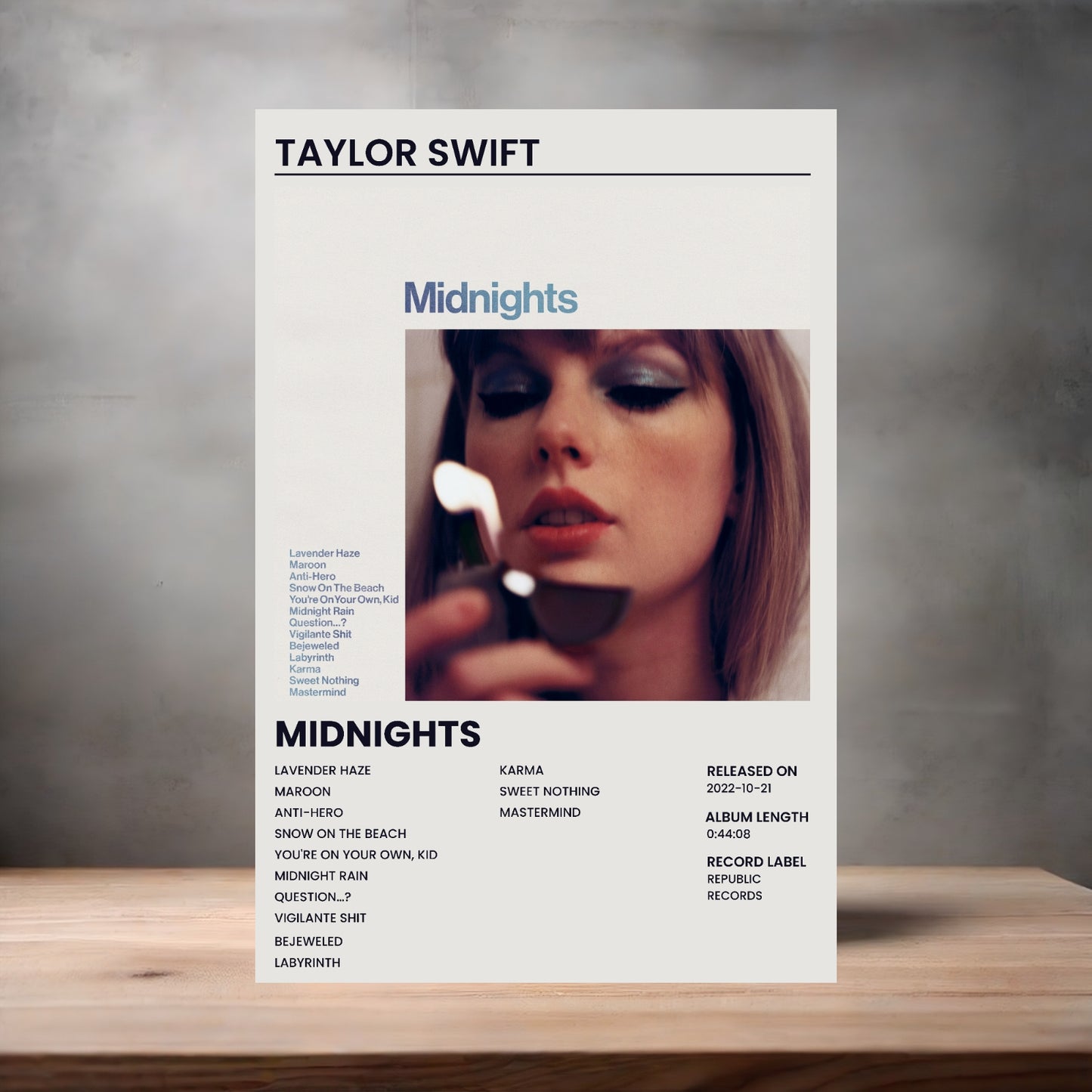 Taylor Swift aluminum poster. Multiple sizes available. Midnights
