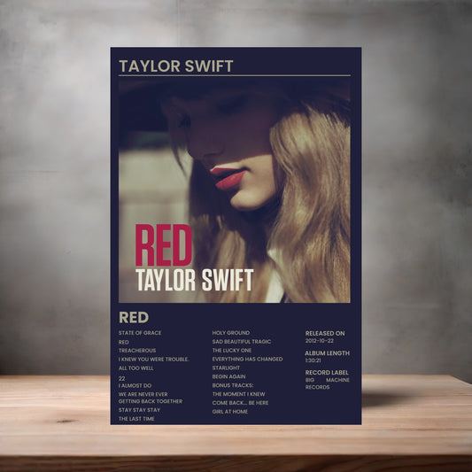 Taylor Swift aluminum poster. Multiple sizes available. Red