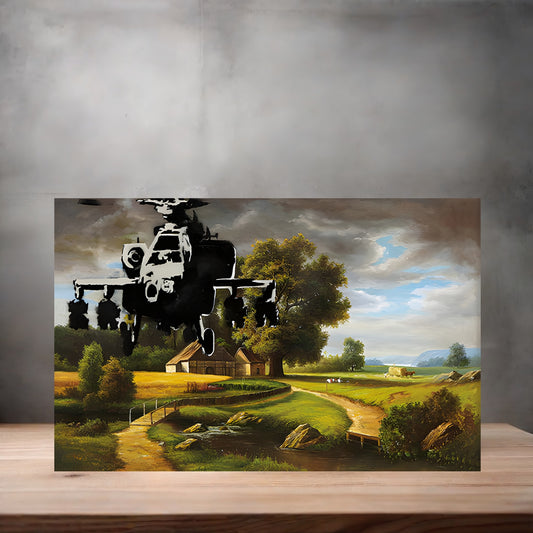 Banksy Graffiti Pop Art metal poster. Multiple sizes available. Apache Helicopter over Farm Field