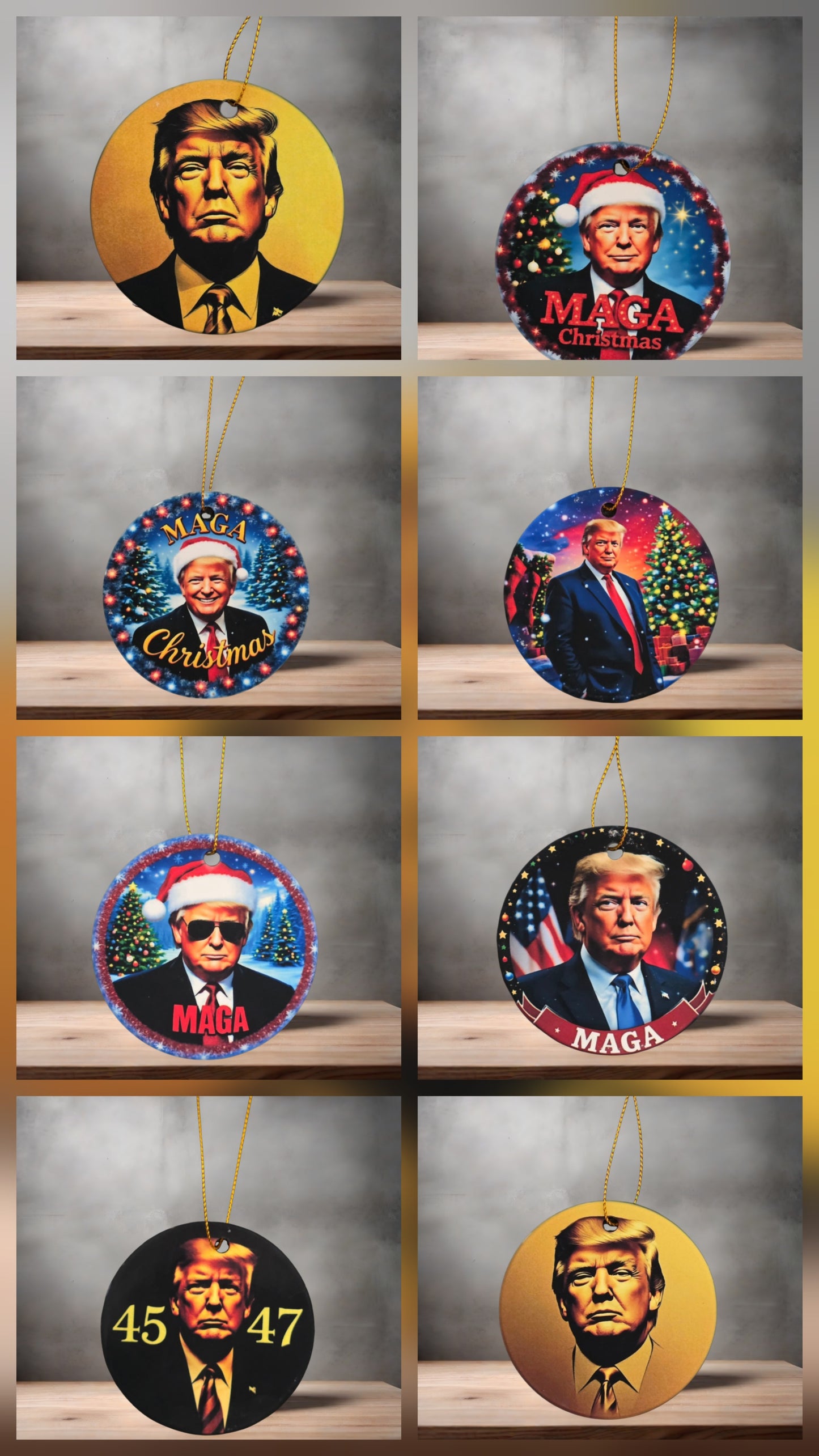 Donald Trump 3" round ceramic Christmas ornament. Set of 8 ornaments