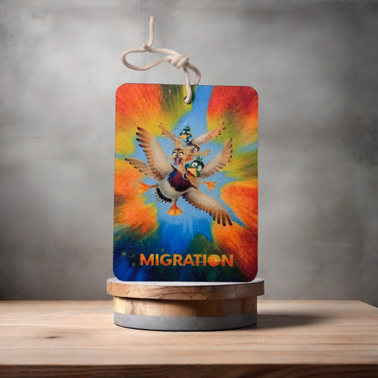 Migration movie poster car air freshener. Many scents to choose from