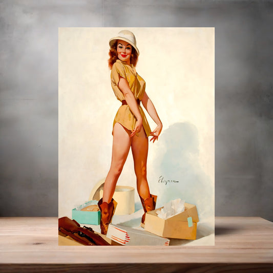 Gil Elvgren Pin-up painting on metal poster. Multiple sizes available. Fit to kill