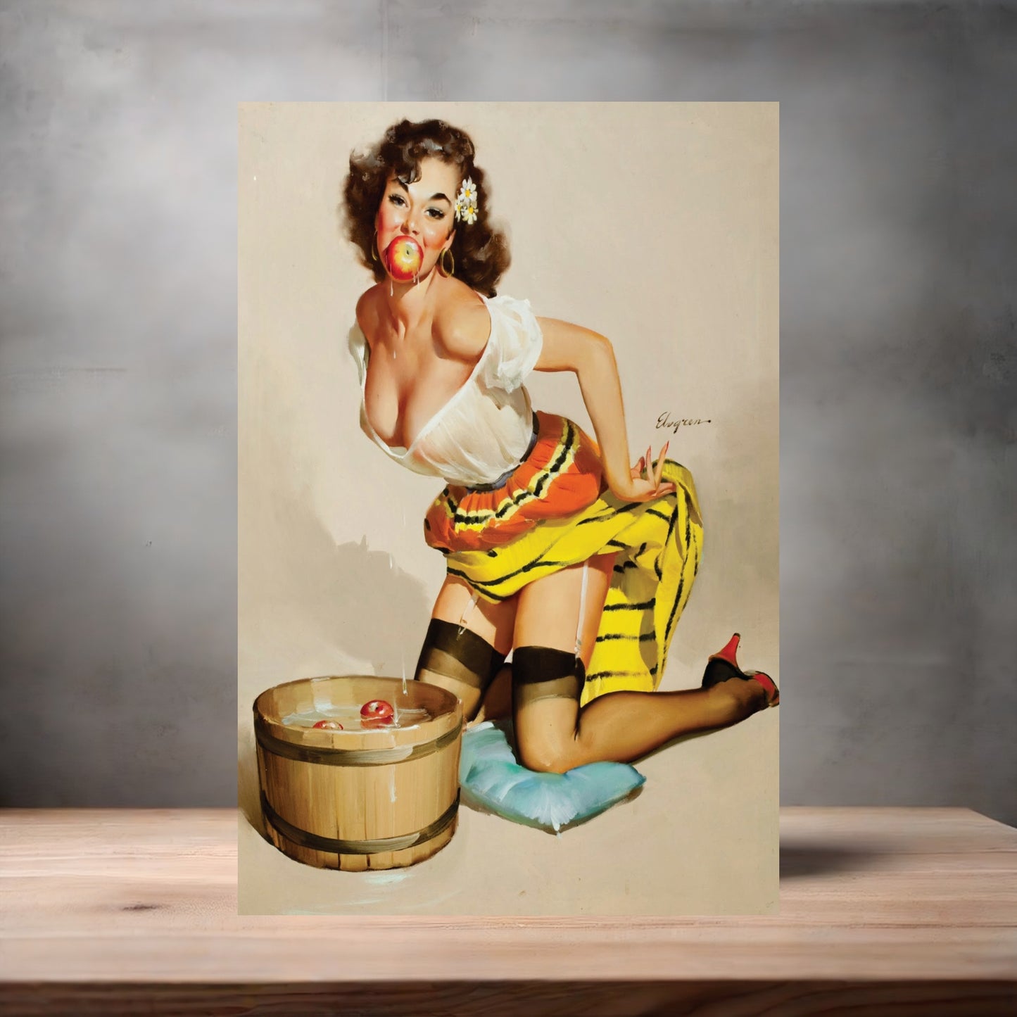 Gil Elvgren Pin-up painting on metal poster. Multiple sizes available. Bobbing for Apples