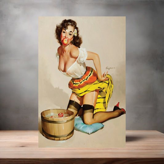 Gil Elvgren Pin-up painting on metal poster. Multiple sizes available. Bobbing for Apples