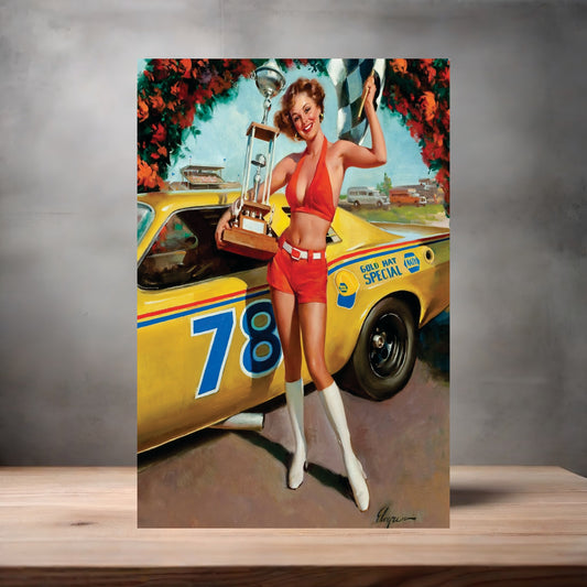 Gil Elvgren Pin-up painting on metal poster. Multiple sizes available. NAPA Nascar girl
