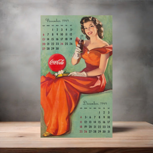 Gil Elvgren Pin-up Coca-Cola 1949 Calendar metal poster. Multiple sizes available. Nov. Dec.