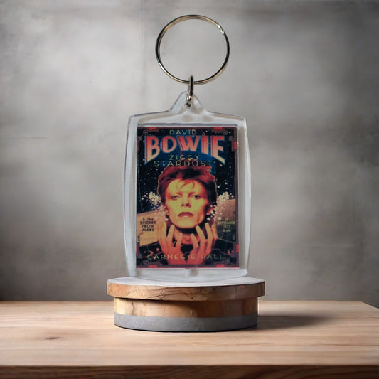 David Bowie Ziggy Stardust keychain on aluminum prints.