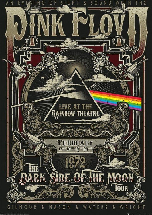 Concert poster with multiple size and finish options. Pink Floyd 1972 Rainbow Theatre