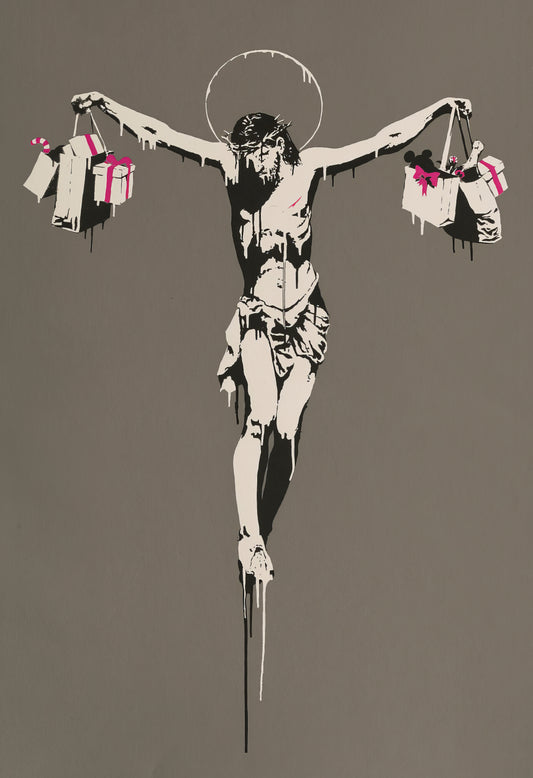 Banksy Art poster with multiple size and finish options. Jesus Christ with Shopping Bags, gray