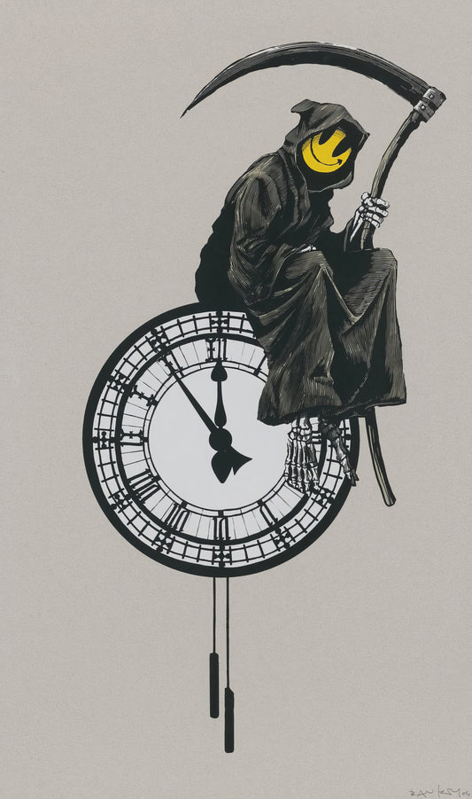 Banksy Art poster with multiple size and finish options. Grin Reaper, gray