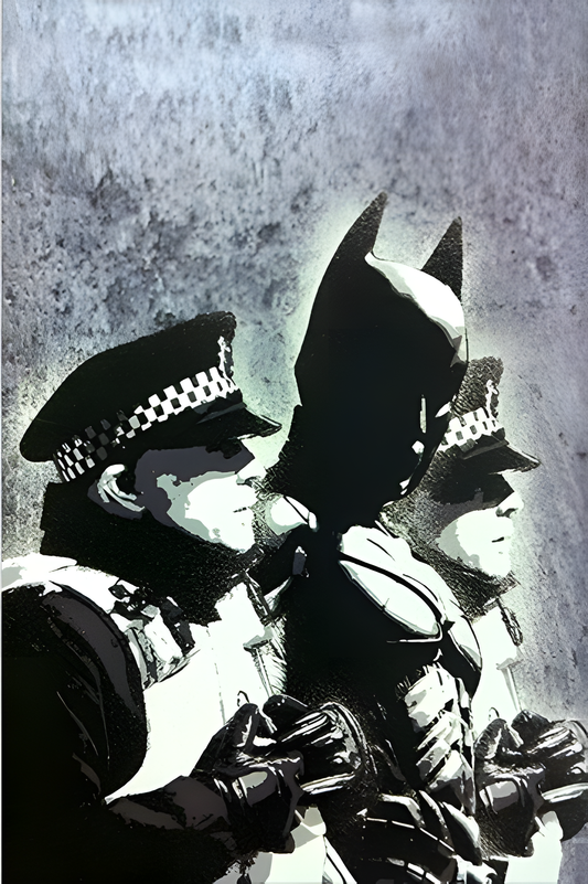 Banksy Art poster with multiple size and finish options. Batman and the Police