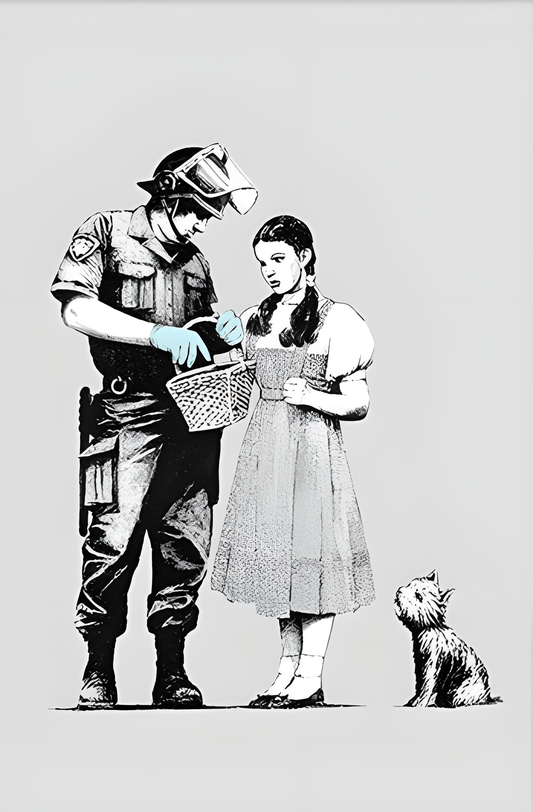 Banksy Art poster with multiple size and finish options. Stop and Search,  gray