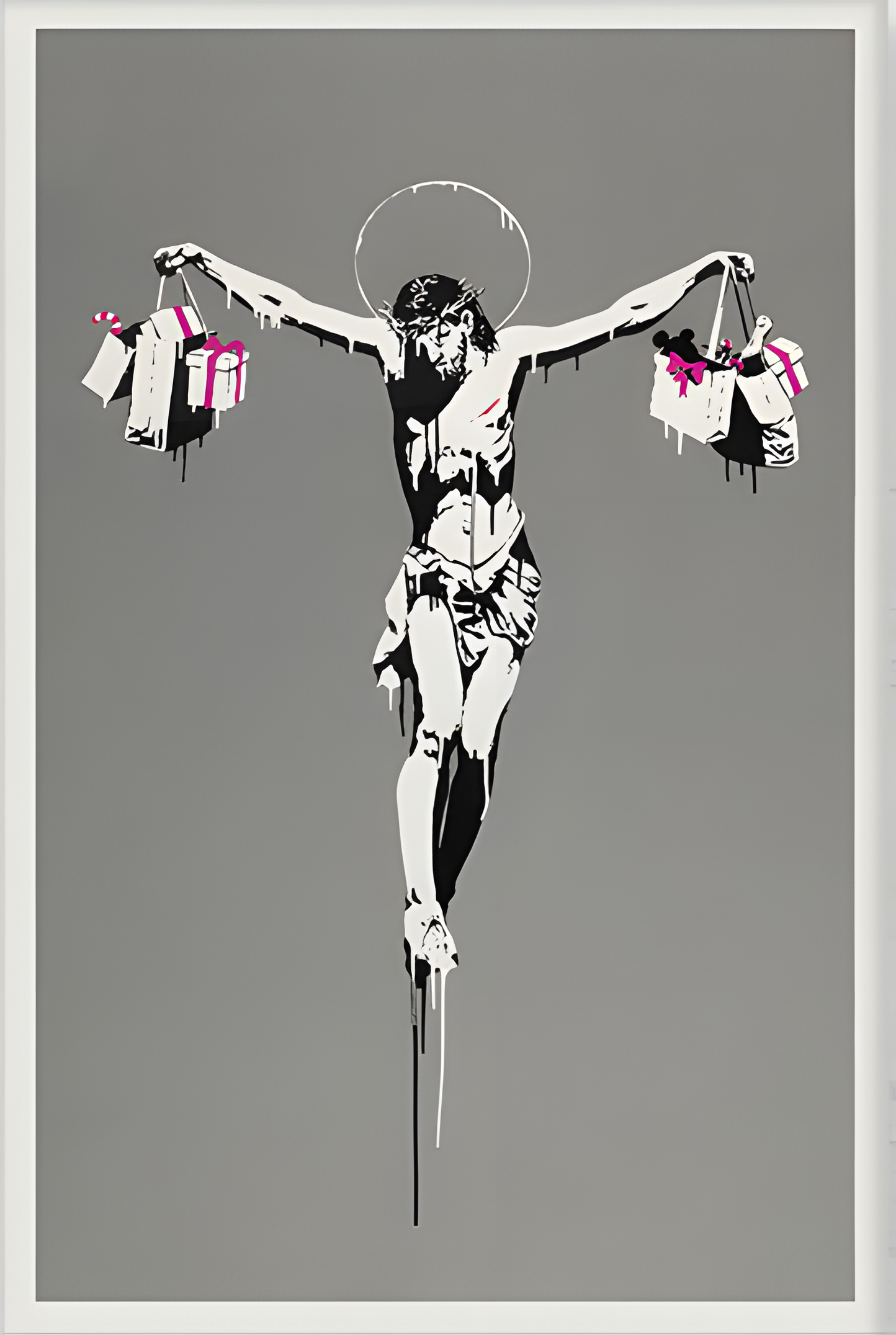 Banksy Art poster with multiple size and finish options. Jesus Christ with Shopping Bags