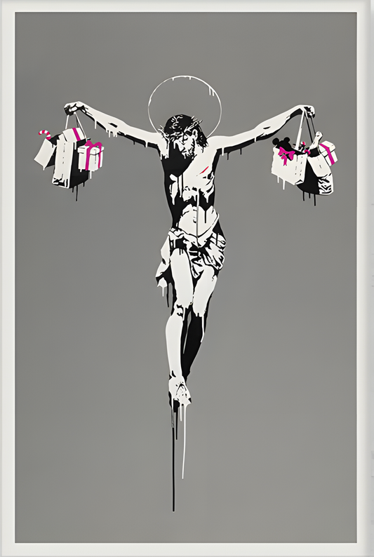 Banksy Art poster with multiple size and finish options. Jesus Christ with Shopping Bags