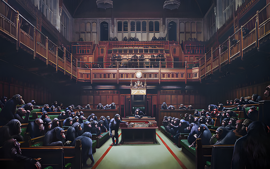 Banksy Art poster with multiple size and finish options. Devolved Parliament
