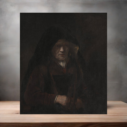 Museum painting poster with multiple size and finish options. Rembrandt Van Rijn, An old Woman