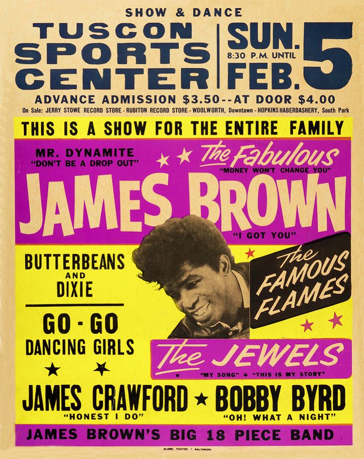 Concert poster with multiple size and finish options. James Brown Tuscon Sports Center