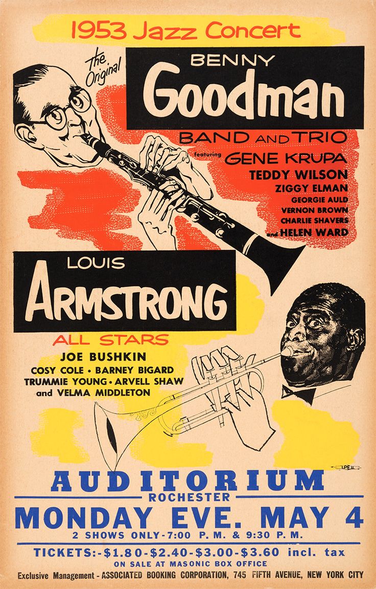 Concert poster with multiple size and finish options. Benny Goodman and Louis Armstrong