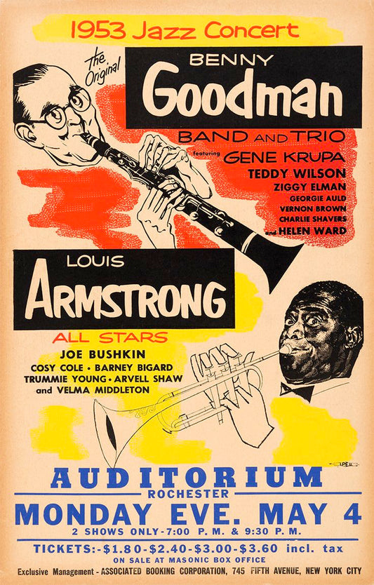 Concert poster with multiple size and finish options. Benny Goodman and Louis Armstrong