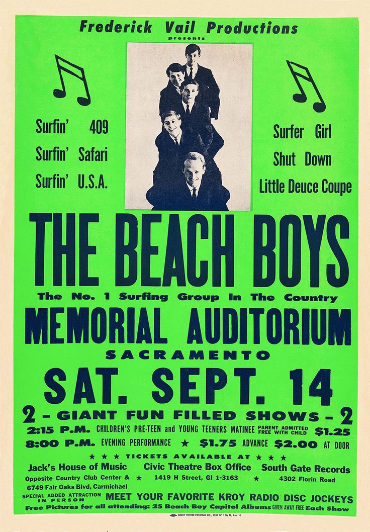 Concert poster with multiple size and finish options. The Beach Boys Memorial Auditorium