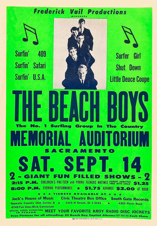 Concert poster with multiple size and finish options. The Beach Boys Memorial Auditorium