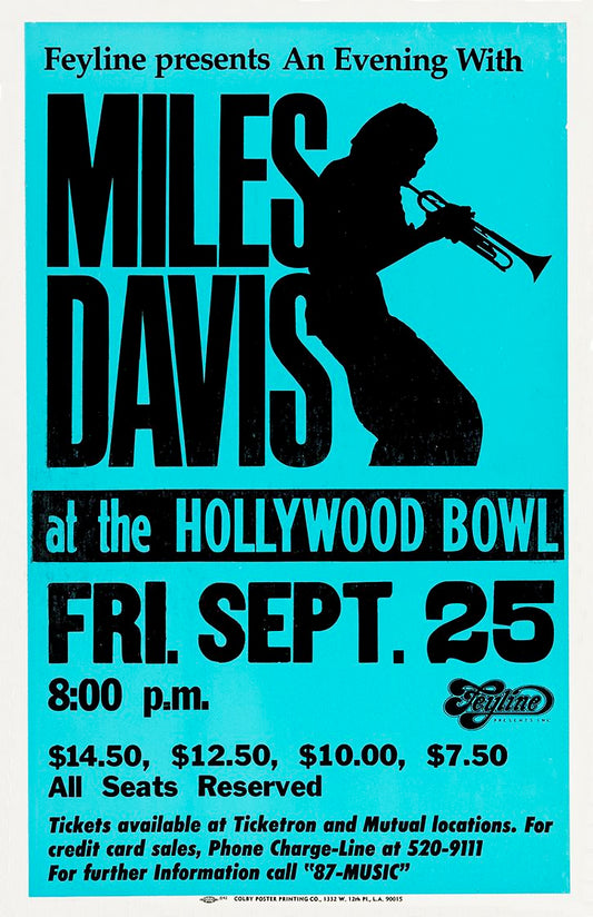 Concert poster with multiple size and finish options. Miles Davis at the Hollywood Bowl