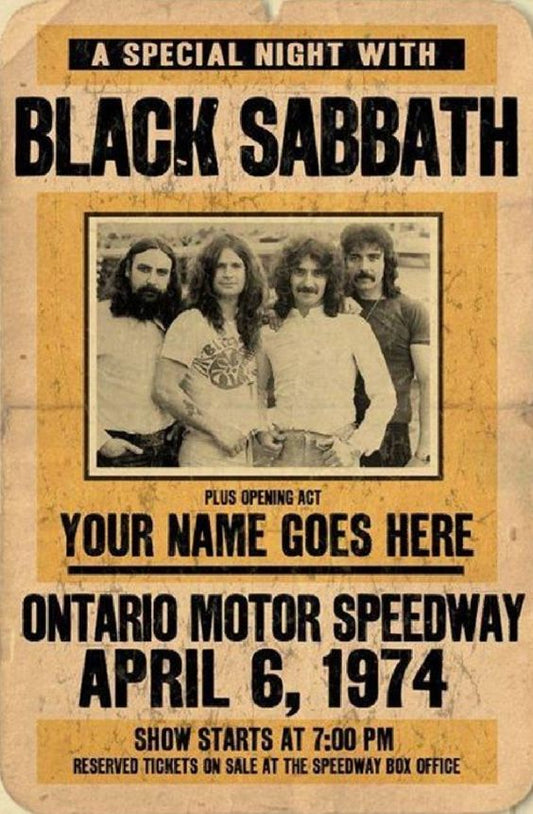 Concert poster with multiple size and finish options. Black Sabbath Ontario Motor Speedway