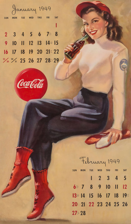 Gil Elvgren Pin-up girl poster with multiple size and finish options. 1949 Coca-Cola Calendar Jan Feb