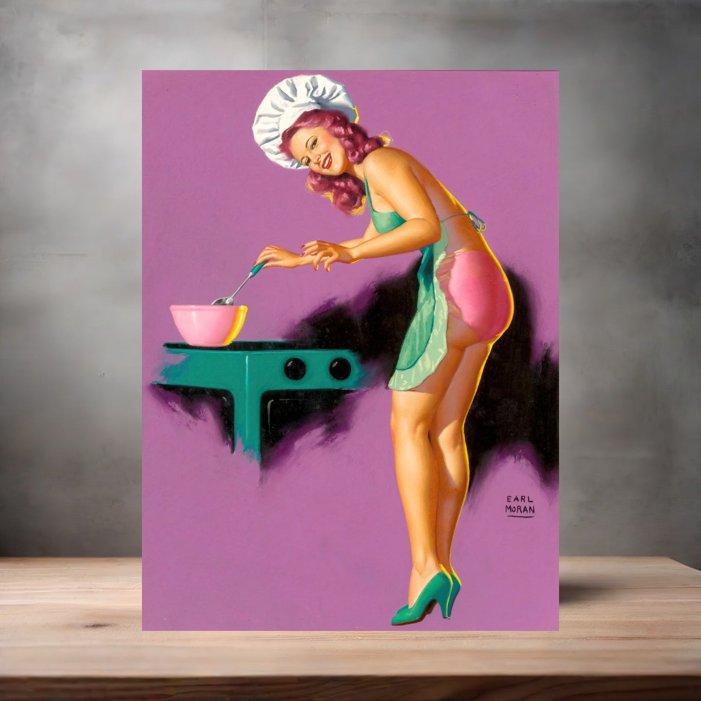 Earl Moran Pin-up girl poster with multiple size and finish options. In the kitchen
