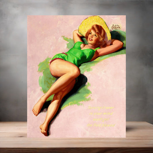 Earl Moran Pin-up girl poster with multiple size and finish options. Turning it over in your mind
