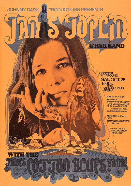 Concert poster with multiple size and finish options. Janis Joplin Fairgrounds Arena