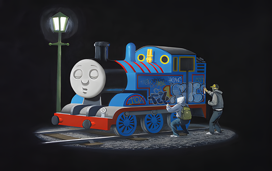 Banksy Art poster with multiple size and finish options. Thomas the Tank Engine